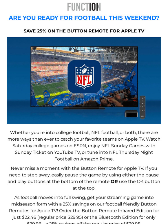🏈 Score Big: Watch Football on Apple TV & Get 25% Off Our Button Remote!