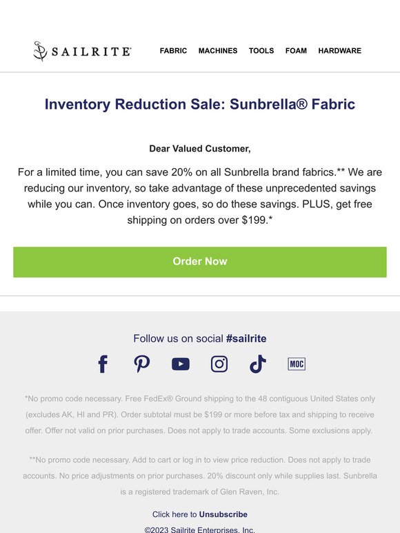 20% Off Sunbrella Fabric｜Inventory Reduction