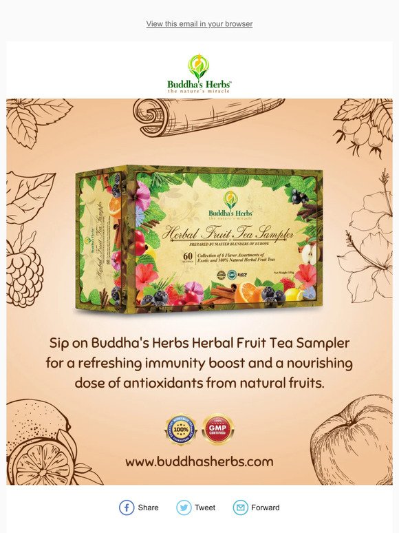 Sip on Buddha's Herbs Herbal Fruit Tea Sampler for a refreshing immunity boost