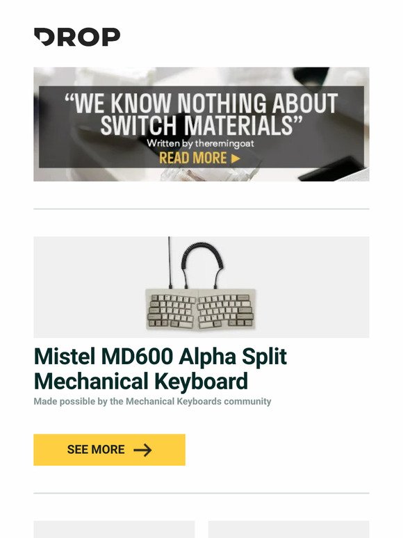 Mistel MD600 Alpha Split Mechanical Keyboard, BEACN Mix Sound Controller, Drop MT3 Garnet Keycap Set and more...
