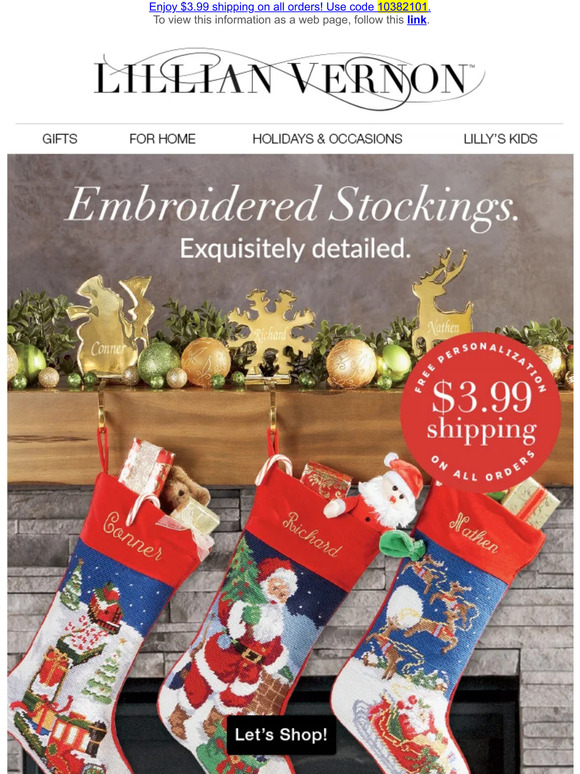 Lillian Vernon Personalized heirloom stockings ship for just 3.99