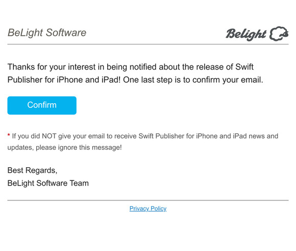 Confirm your email for Swift Publisher for iPhone and iPad