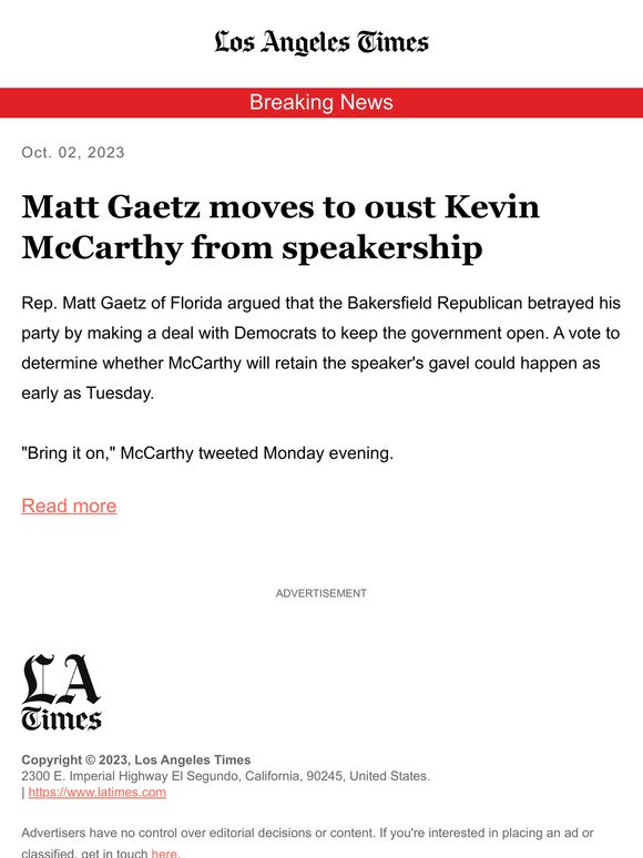 Breaking News: Matt Gaetz moves to oust Kevin McCarthy from speakership