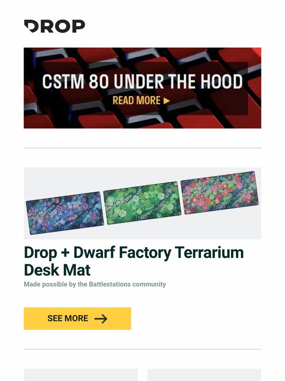 Drop + Dwarf Factory Terrarium Desk Mat, Standard Keys TWS Split Barebones Mechanical Keyboard, Keebmonkey WK870 Barebones Mechanical Keyboard and more...