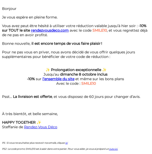 Re : Votre offre de -10% se prolonge…