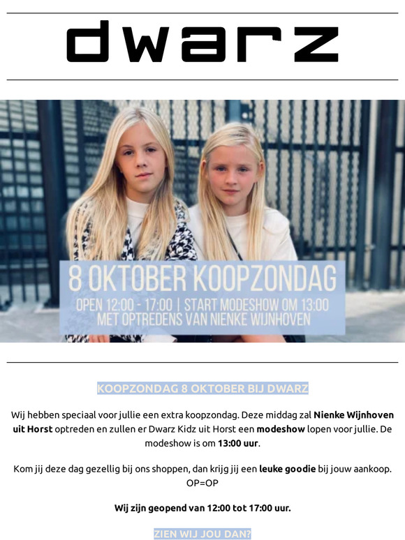 8 OKT EXTRA KOOPZONDAG MET MODESHOW