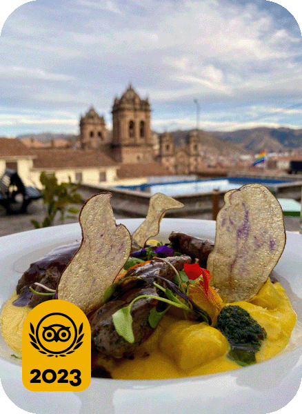 Image description: Colorful dish with skyline views just beyond. Travelers’ Choice Best of the Best 2023 yellow logo in the bottom left corner.