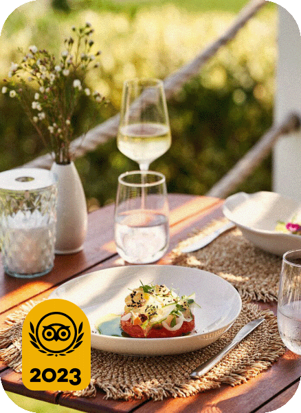 Image description: Wood table with plate of food and water and wine glasses. Travelers’ Choice Best of the Best 2023 yellow logo in the bottom left corner.