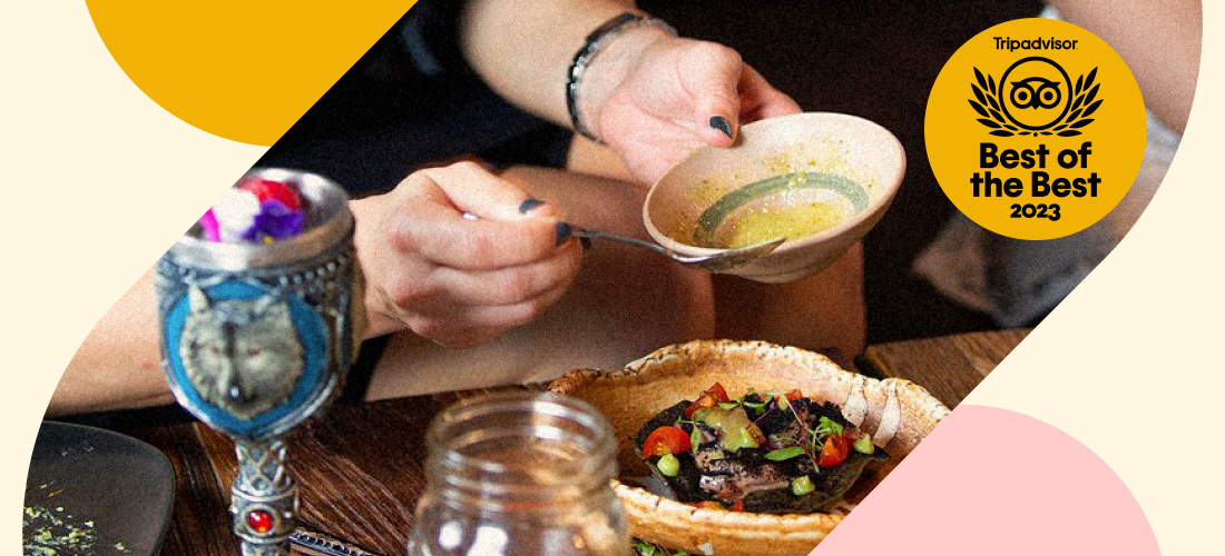 Image description: Close-up of a table with a person pouring sauce onto a dish. A light yellow and light pink circle frame the images and a Travelers’ Choice Best of the Best 2023 yellow logo is on the top right.