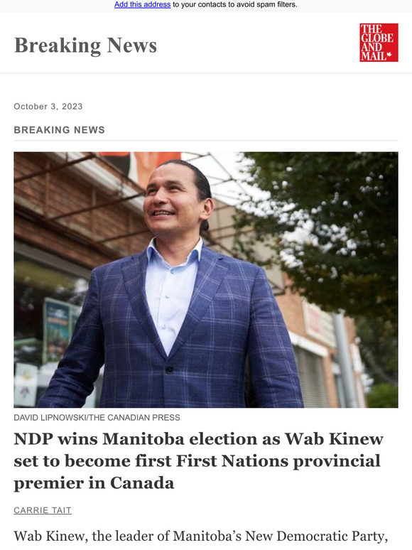 The Globe And Mail: Breaking News: NDP Wins Manitoba Election As Wab ...