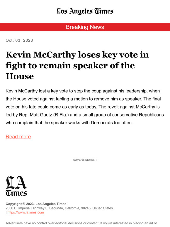 Breaking News: Kevin McCarthy loses key vote in fight to remain speaker of the House