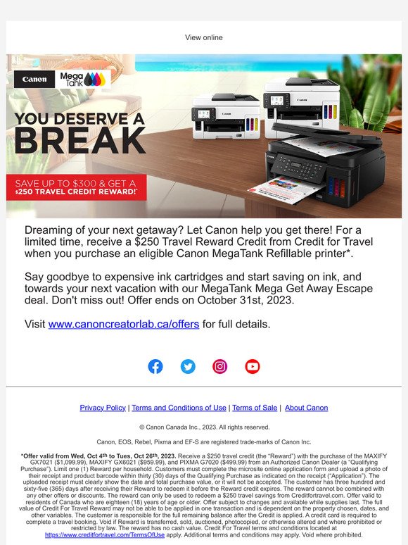 Don't Miss Out! Get $250 Travel Reward Credit with the purchase of a MegaTank Printer
