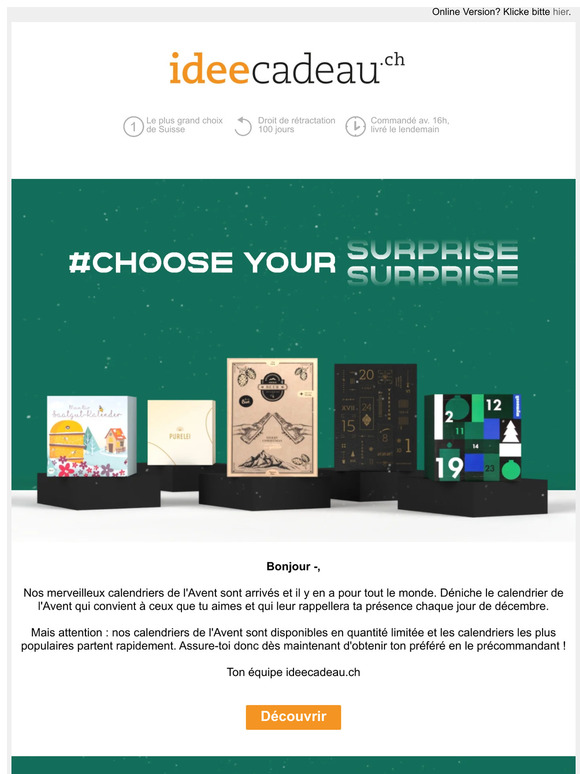 ideecadeau.ch 🤩 INCROYABLE ! J55 avant le 1ᵉʳ jour de l'Avent