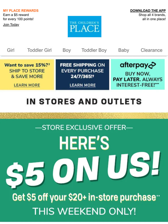 Children's Place: EXCLUSIVE OFFER! EXTRA $5 OFF JUST FOR YOU! IN-STORES ...