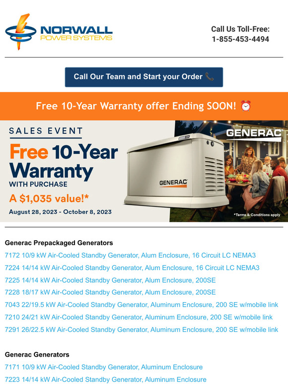 Norwall PowerSystems Generac 10 Year Warranty Offer