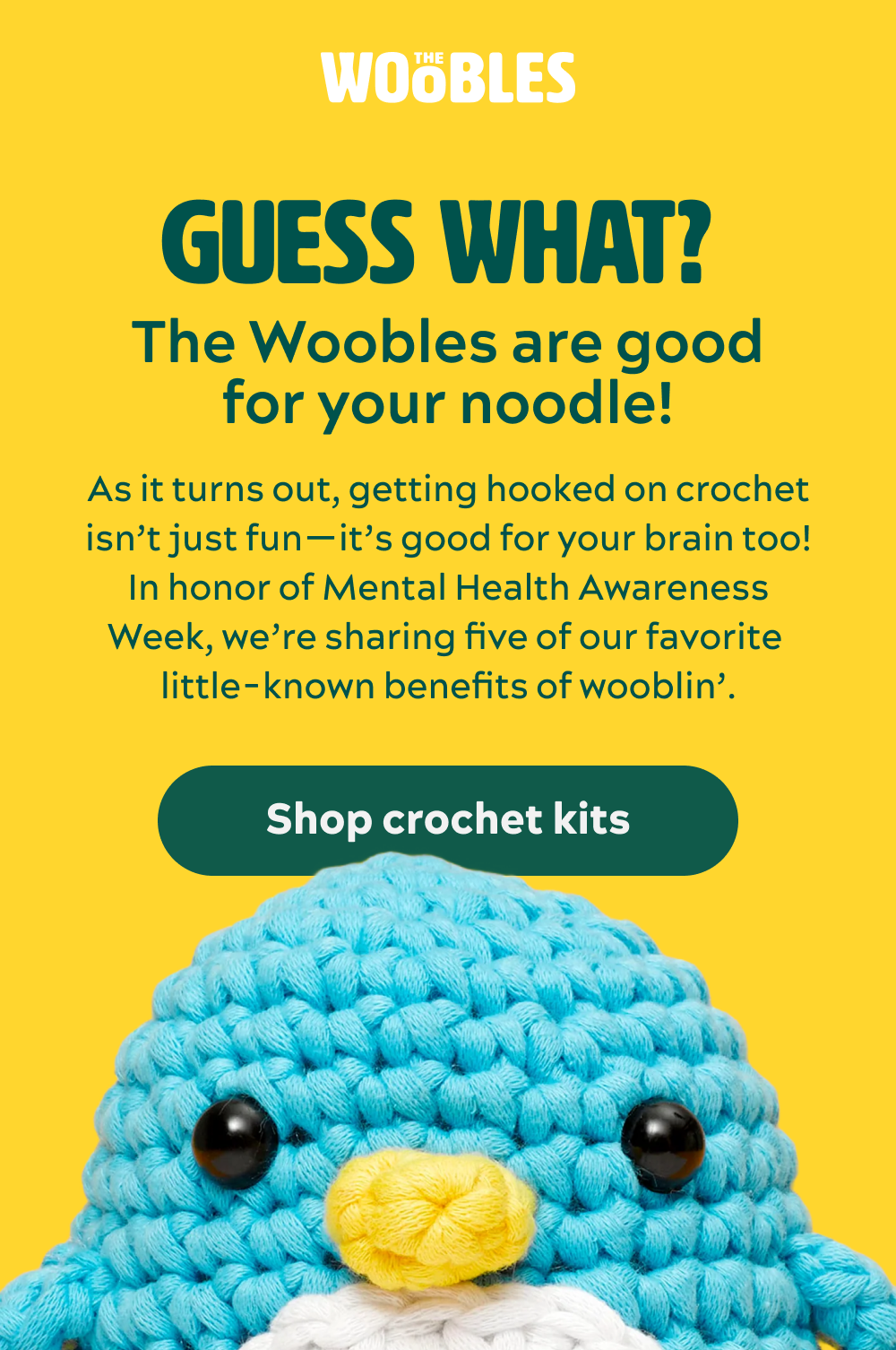 Guess what? The Woobles Are Good for Your Noodle!  As it turns out, getting hooked on crochet isn’t just fun—it’s good for your brain too! In honor of Mental Health Awareness Week, we’re sharing five of our favorite little-known benefits of wooblin’.   [Shop crochet kits]