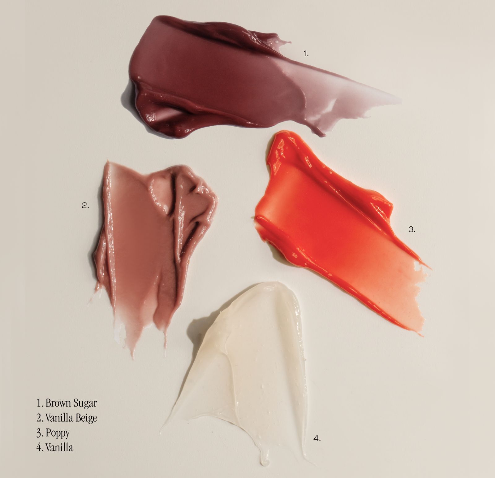 Brown Sugar, Vanilla Beige, Poppy, Vanlila