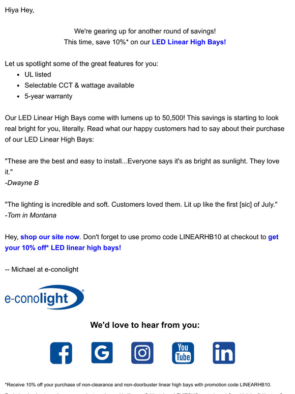 e-conolight.com: 10% Off* LED Linear High Bays: Light Up Your Space for