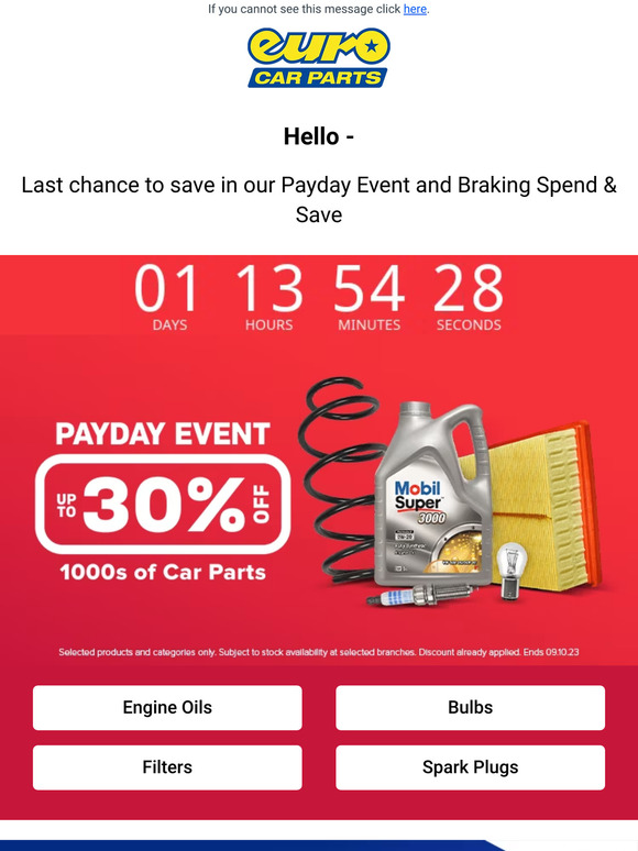 🏃‍♂️ Last Chance to Save Up To 30% on 1,000s of Car Parts!