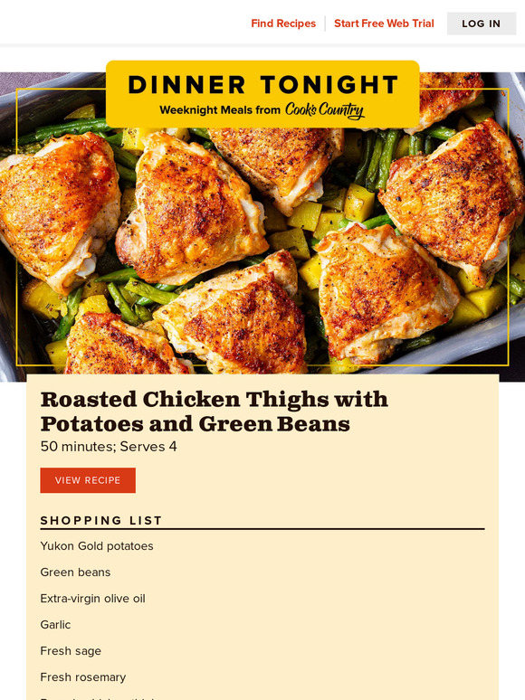 America's Test Kitchen Dinner Tonight Roasted Chicken Thighs with Potatoes and Green Beans