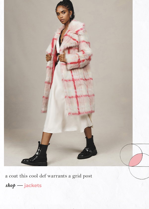 Woman in fuzzy pink plaid coat. a coat this cool def warrants a grid post. Shop jackets.