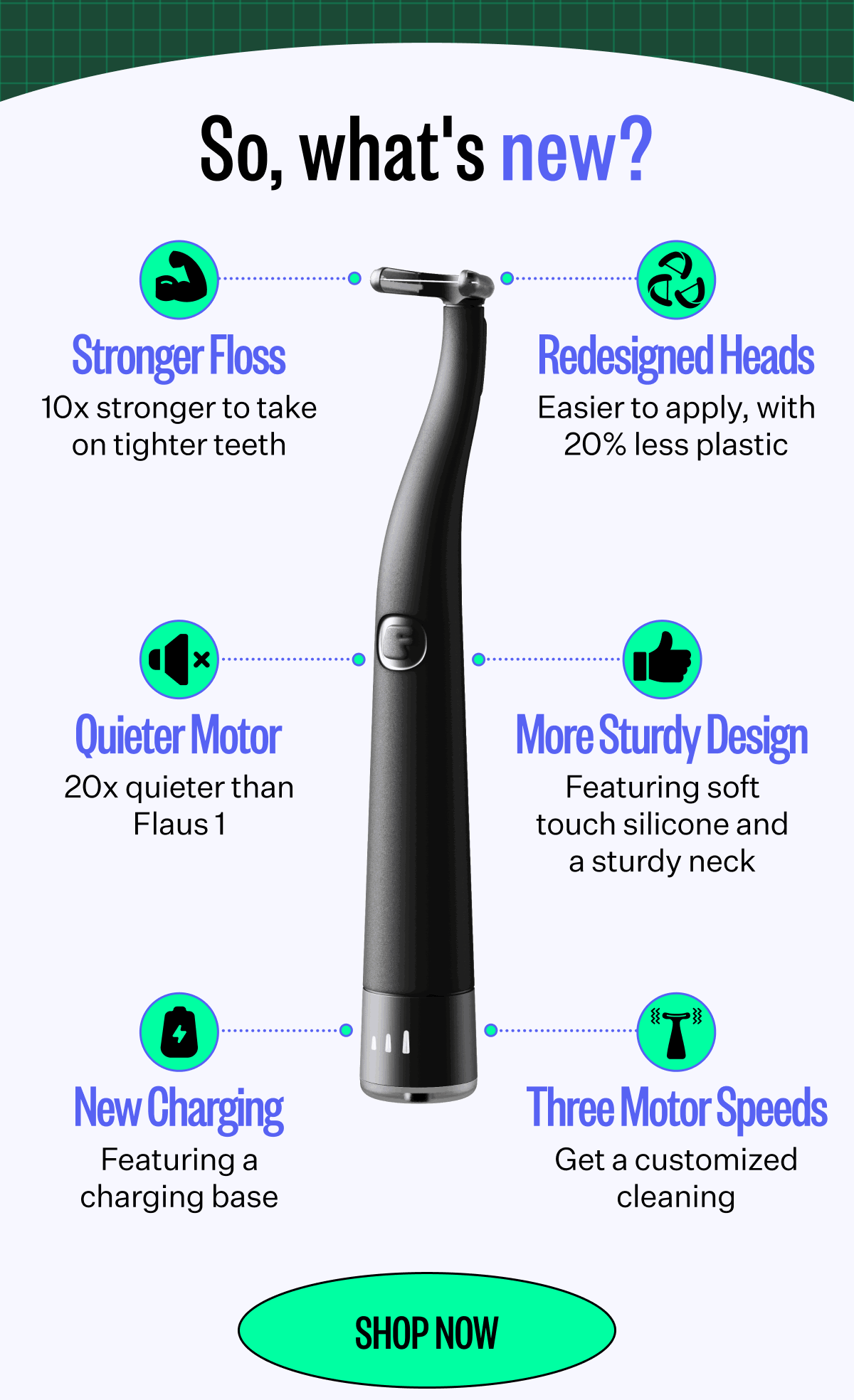 So, what's new? Stronger Floss | Redesigned Heads | Quieter Motor | More Sturdy Design | New Charging | Three Motor Speeds | Shop Now