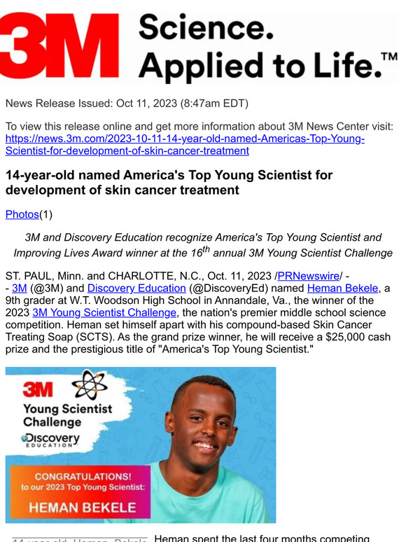 3M United Kingdom PLC: 14-year-old Named America's Top Young Scientist ...