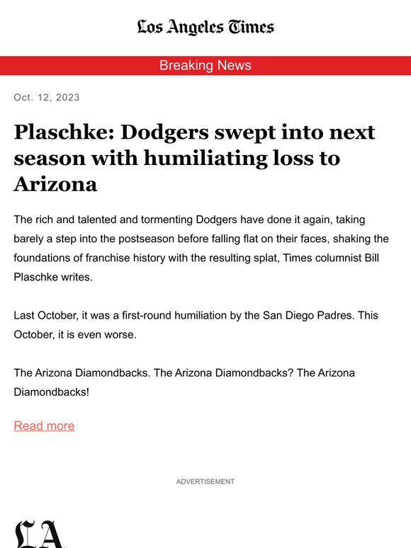 Dodgers swept into next season with humiliating loss to Arizona - Los  Angeles Times