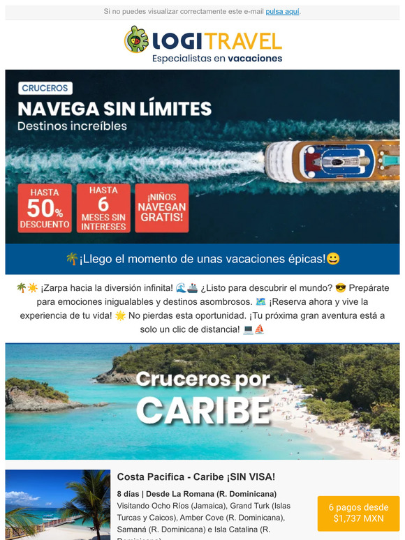 ¡NAVEGA SIN LÍMITES! Reserva tu crucero desde $936 MXN mensuales
