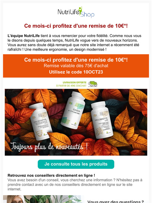 Nutrilifeshop En octobre 10euros offerts sur votre commande