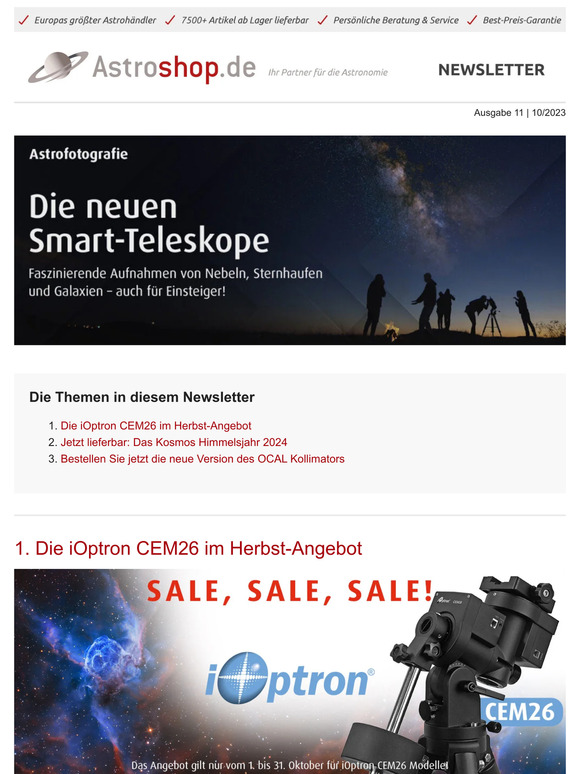 🔭Die iOptron CEM26 im Herbst-Angebot! | Jetzt lieferbar: Das Kosmos Himmelsjahr 2024 📚 | Bestellen Sie jetzt die neue Version des OCAL Kollimators!