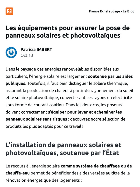 [Nouvel article] Les équipements pour assurer la pose de panneaux solaires et photovoltaïques