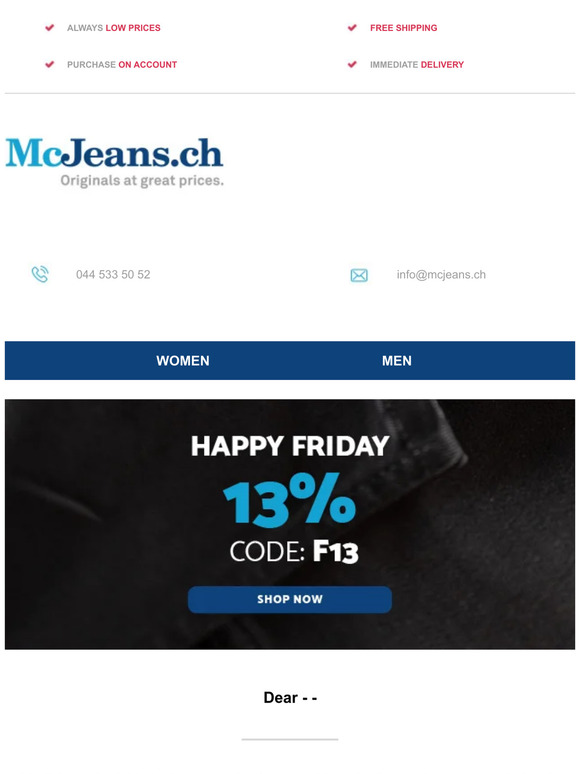 13% off – HAPPY FRIDAY at McJeans.ch – free shipping