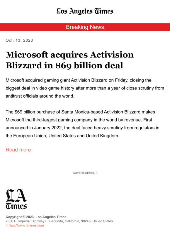 Microsoft acquires Activision Blizzard in $69-billion deal - Los Angeles  Times