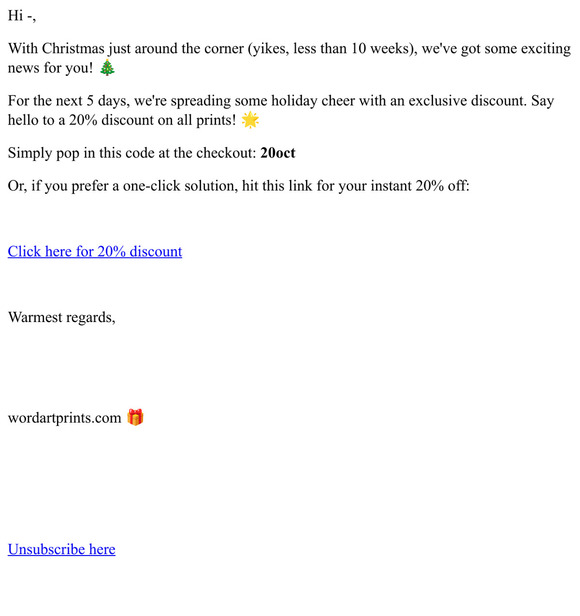 — - 20% off word art prints October discount