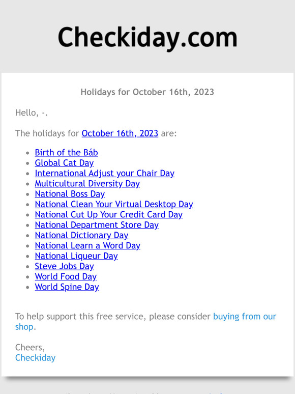 Checkiday: Holidays for October 16th, 2023! 📅🎉 | Milled