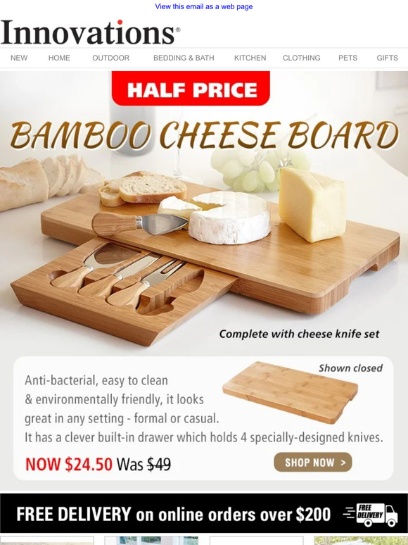 50% OFF this Bamboo Cheese Board | Includes a set of cheese knives!