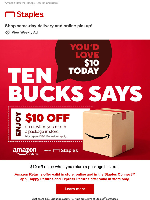 Staples Copy & Print Return a package 👉 Get 10 on us. Milled