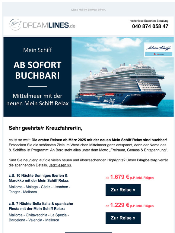 Dreamlines.de Kreuzfahrten suchen und buchen! 🎉 Jetzt buchbar Mein