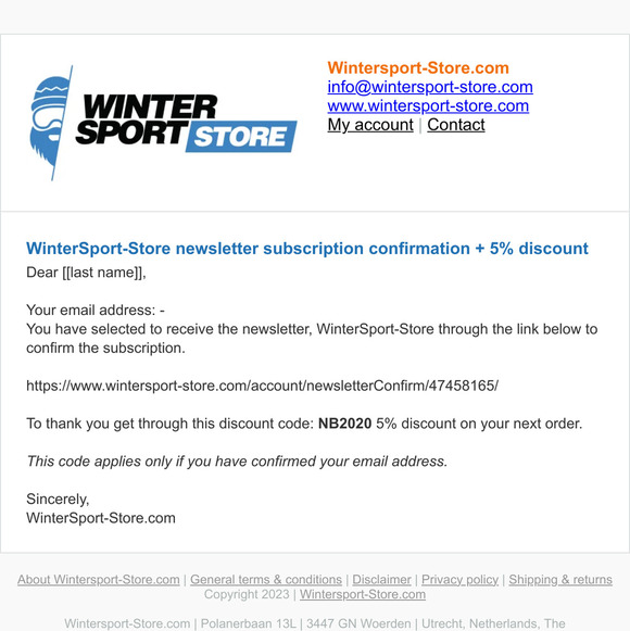 WinterSport-Store newsletter subscription confirmation + 5% discount