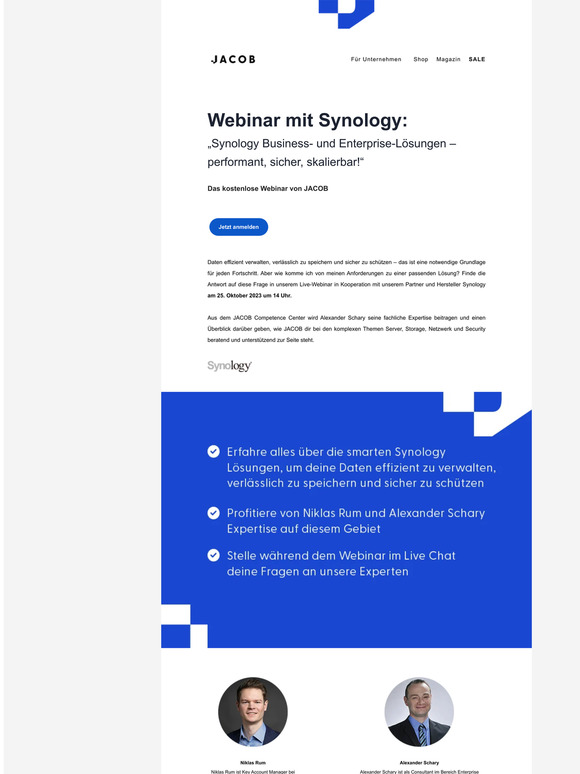 Sichere deinen Platz! kostenloses Webinar: smarte Lösungen von Synology