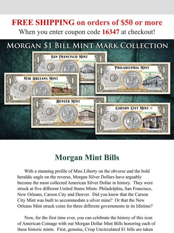 National Collector's Mint: Free Shipping! 100th Anniversary Morgan Legal  Tender $1 Bill