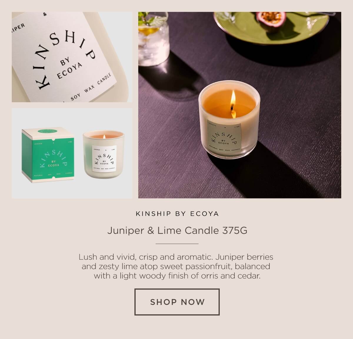 Kinship by ecoya juniper & lime candle 375G