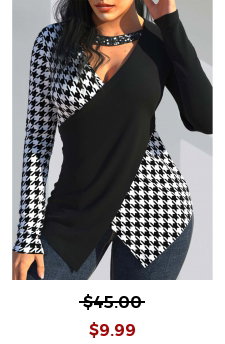 Houndstooth Print Sequin Black V Neck T Shirt