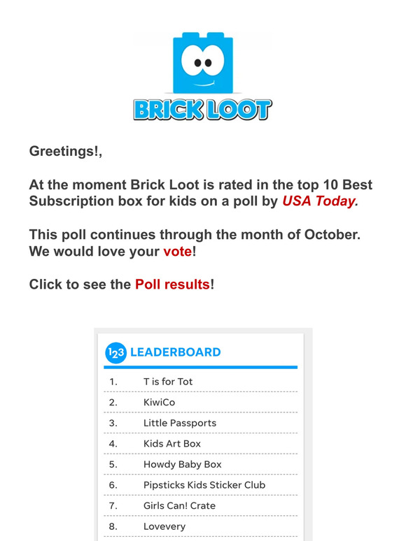 USA Today Poll -  Brick Loot is in Top 10 Subscription Boxes for kids!