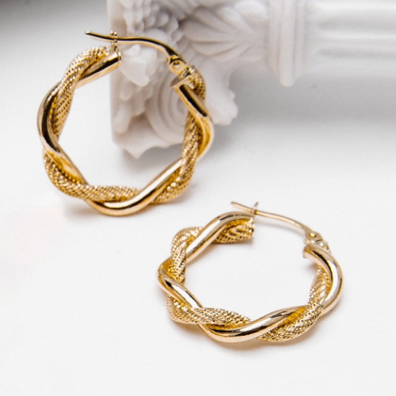Reaura Twisted Mesh Hoop Earrings Repurposed 14K Yellow Gold 26mm
