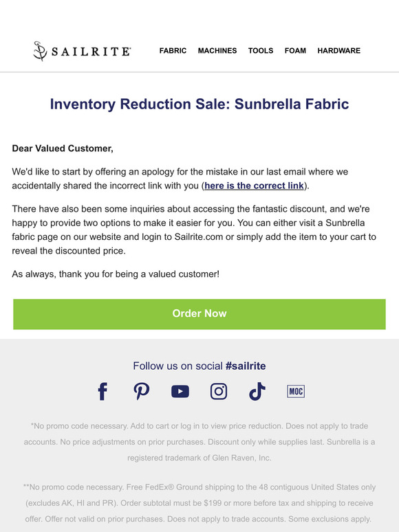Correction - Up to 40% off Sunbrella Fabric!