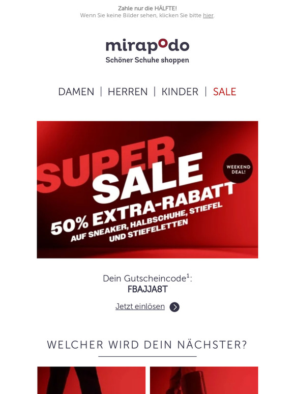 50% Rabatt auf Sneaker & mehr! Außerdem erwarten dich 30% auf ALLE Schuhe! 🥰