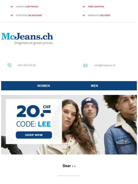👖 CHF 20 off everything from LEE – McJeans.ch – free shipping