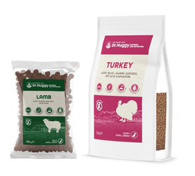 Dr.Huggy supreme dog nutrition indyk z kaczką i batatami, 2kg + Dr.Huggy supreme dog nutrition jagn